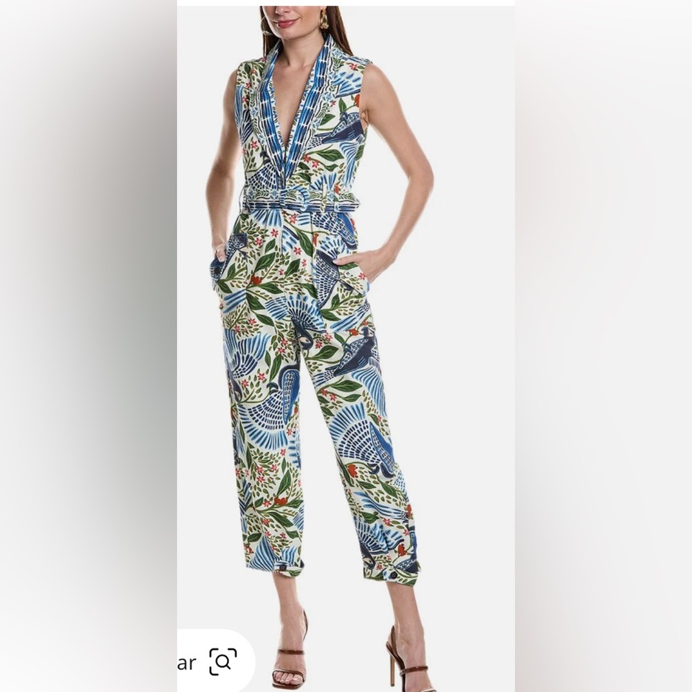 Farm Rio Off White Macaw Flight Canvas Jumpsuit size small resort vacation wear